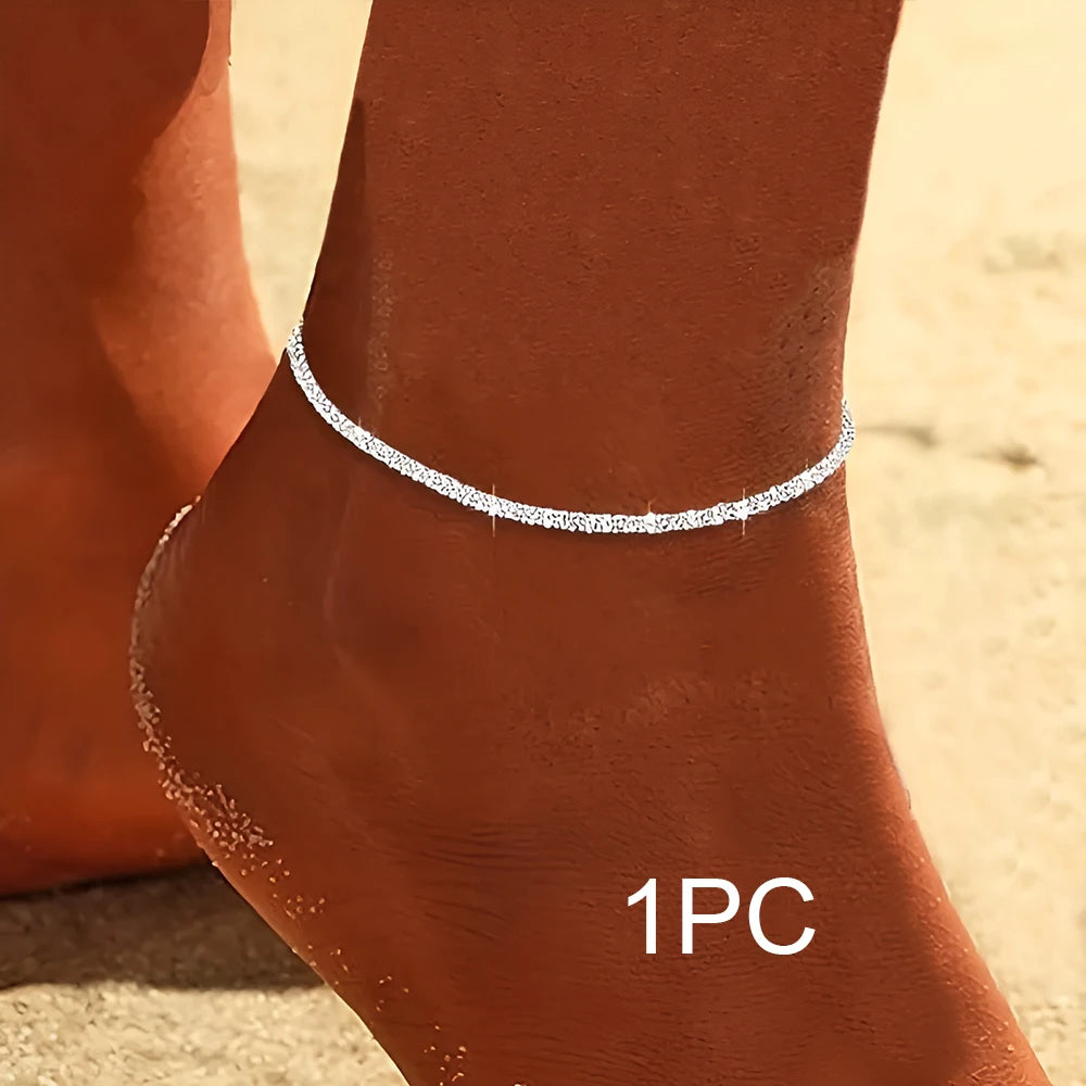 2PCS Shiny Sparkling Simple Silver Color Anklet