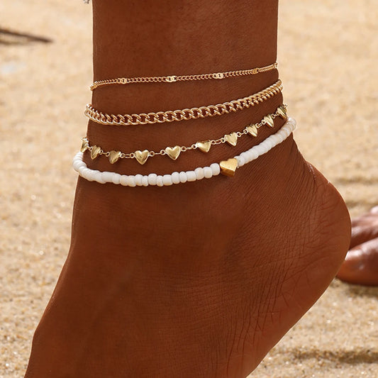 2-4pcs Vintage Gold Color Love Heart Chain Anklet Set